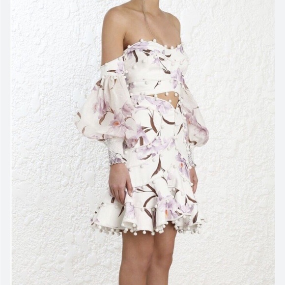 Skirt Set Floral pom pom trim Bodice off shoulder sheer sleeve crop top purple - Picture 11 of 15